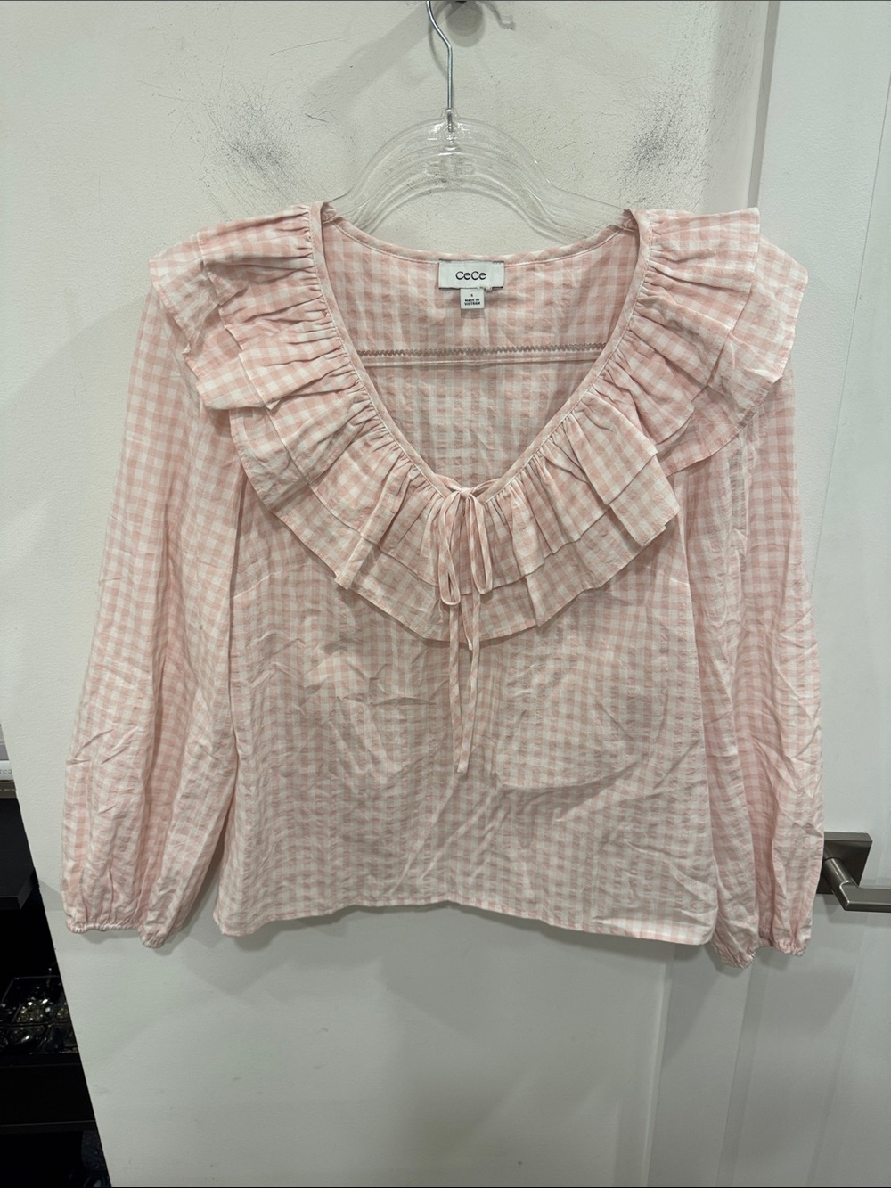 CeCe Light Pink Gingham Ruffle Tie-Front Blouse